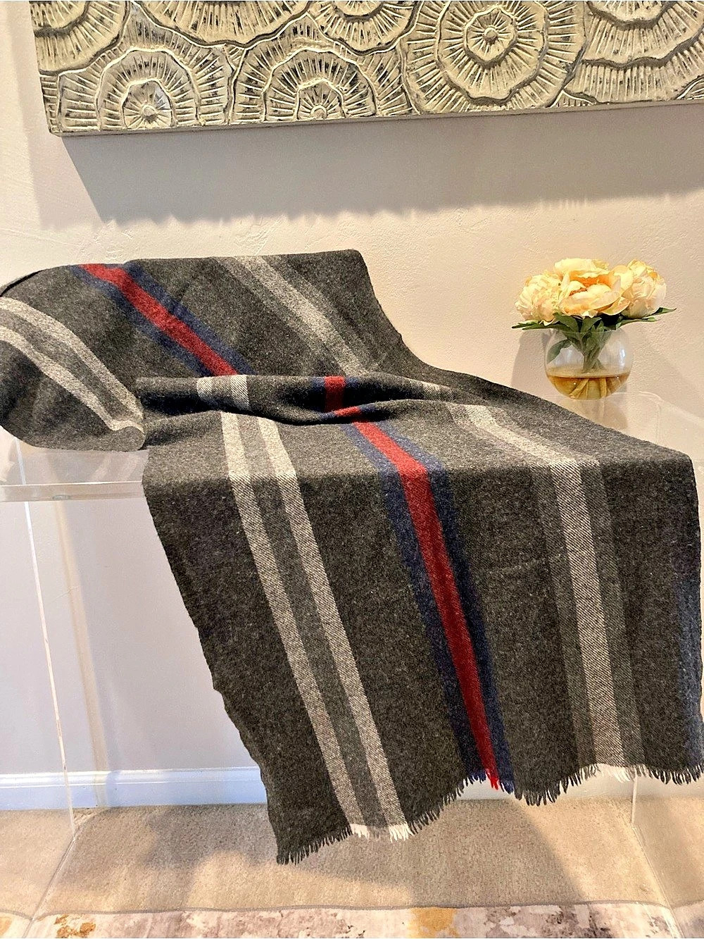 Gucci Wool Cashmere Stripe Scarf Plaid Wool Gray & Red